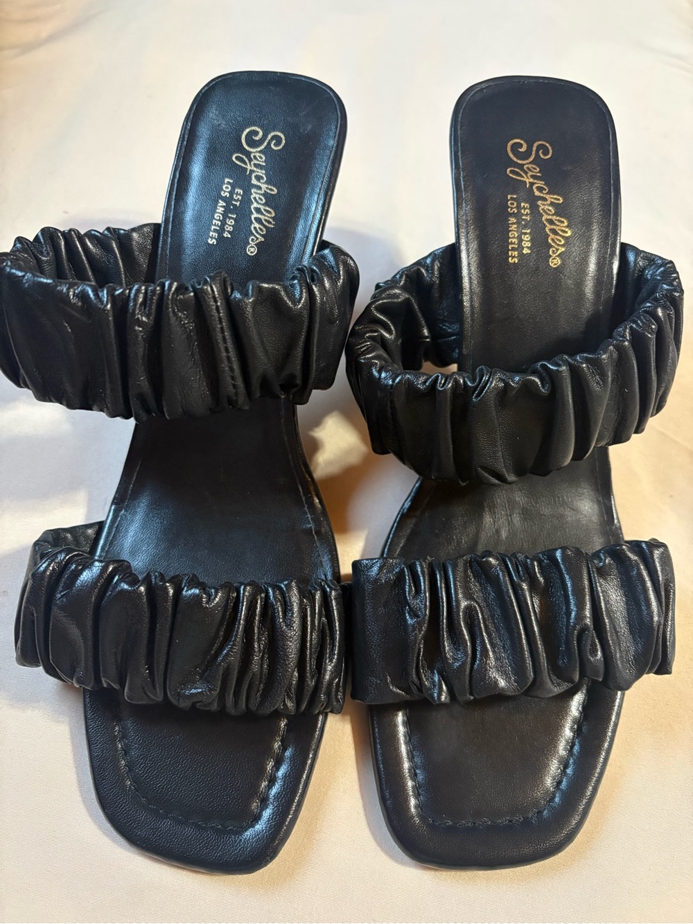 Seychelles Black Ruched Double-Strap Slide Mules